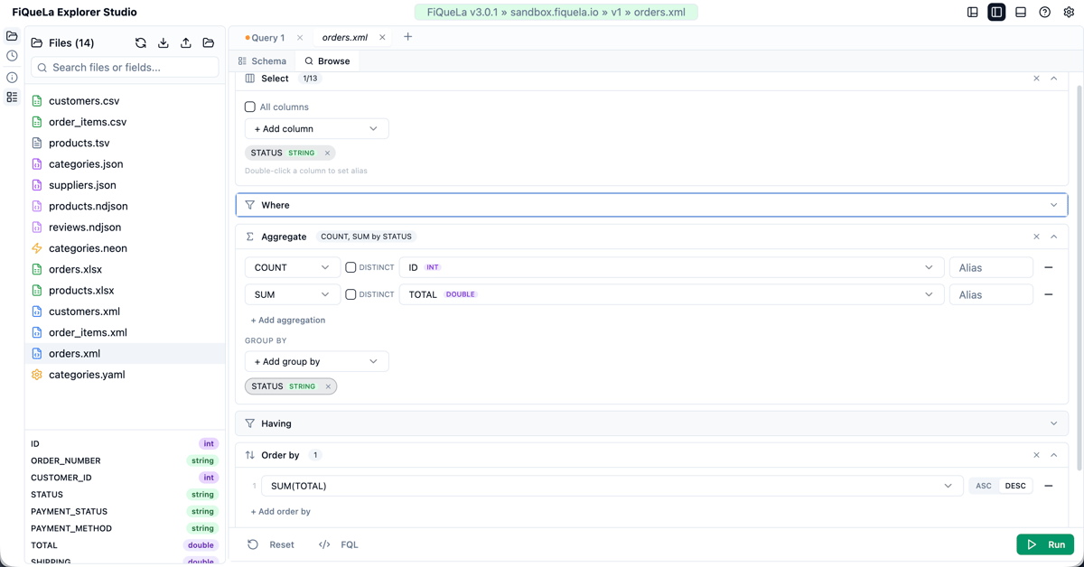 Explorer Studio — visual query builder with aggregation